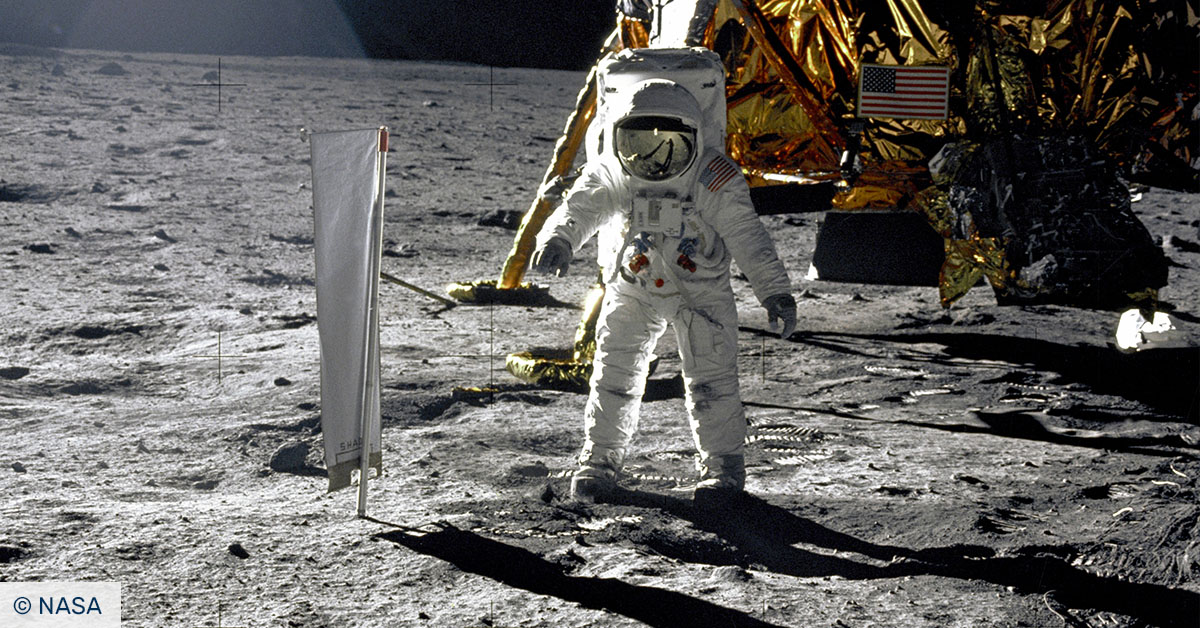 Astronaut from Apollo 11 near solar experiment.