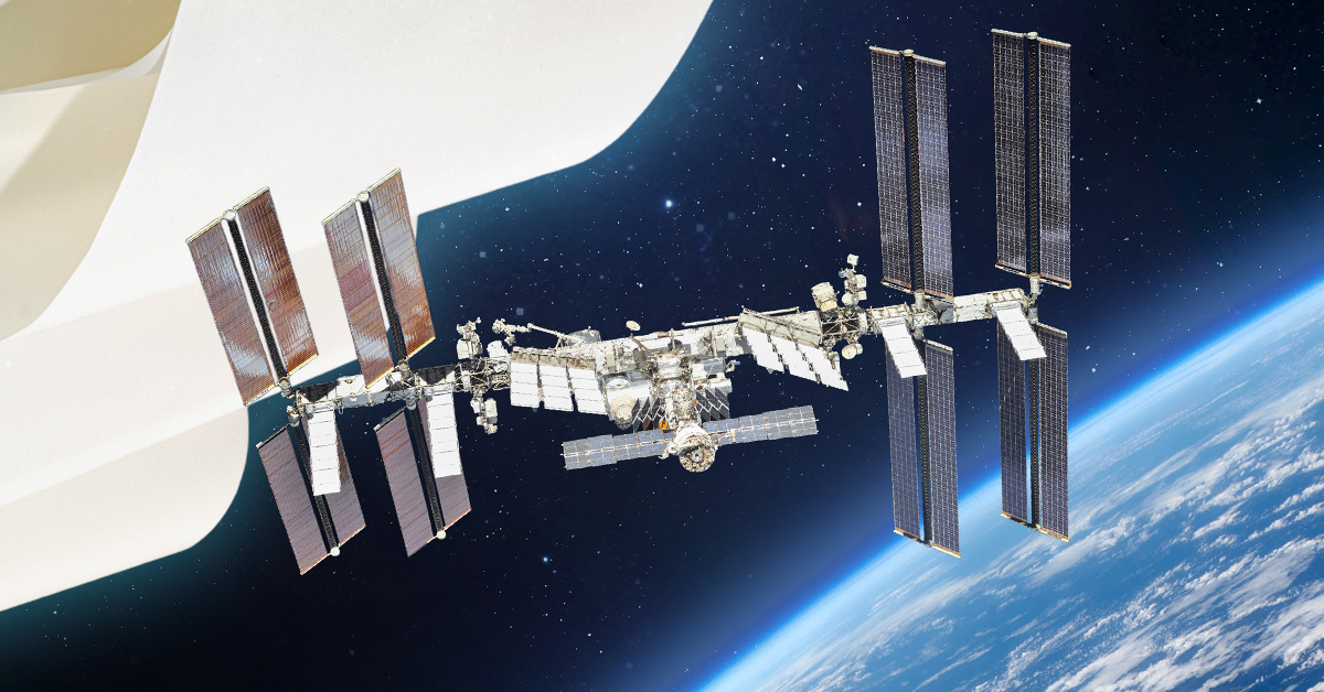 International Space Station in front of a roll of Versiv Beta Cloth