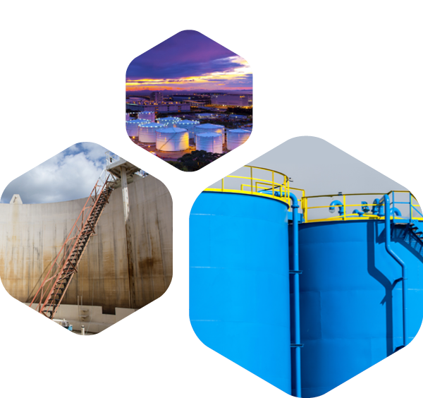 Images of different chemical storage tanks. 