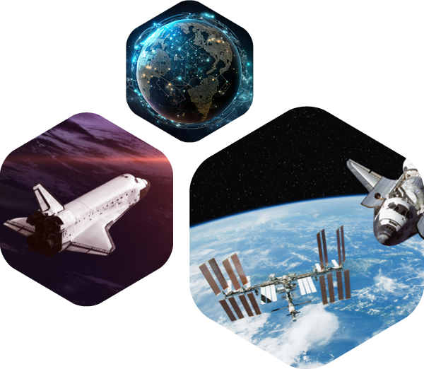 Images of spacecraft and the International Space Station in low orbit; Image of the planet Earth with connections.