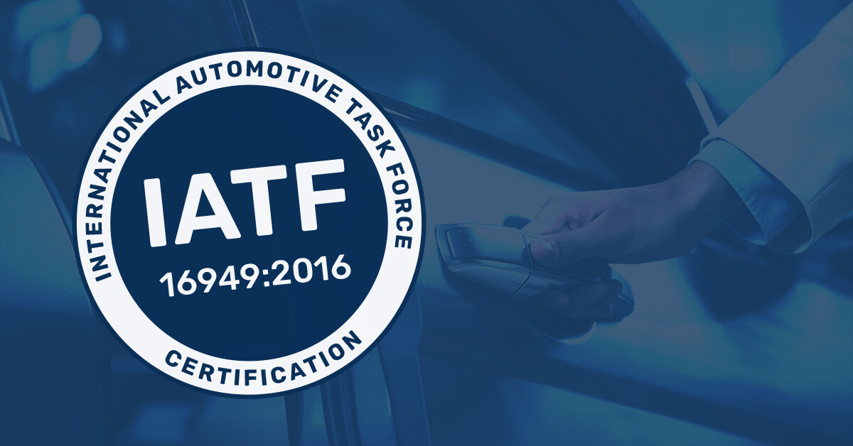 IATF logo in front of a photo of door opening car in blue