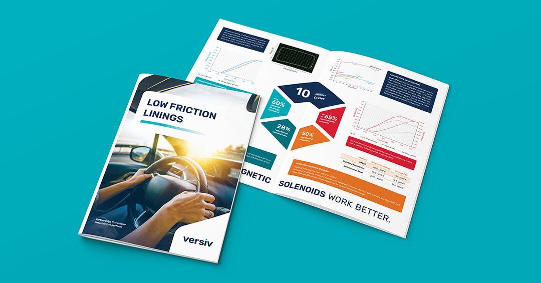 Versiv Low Friction Linings brochure: Closed and open, against teal background