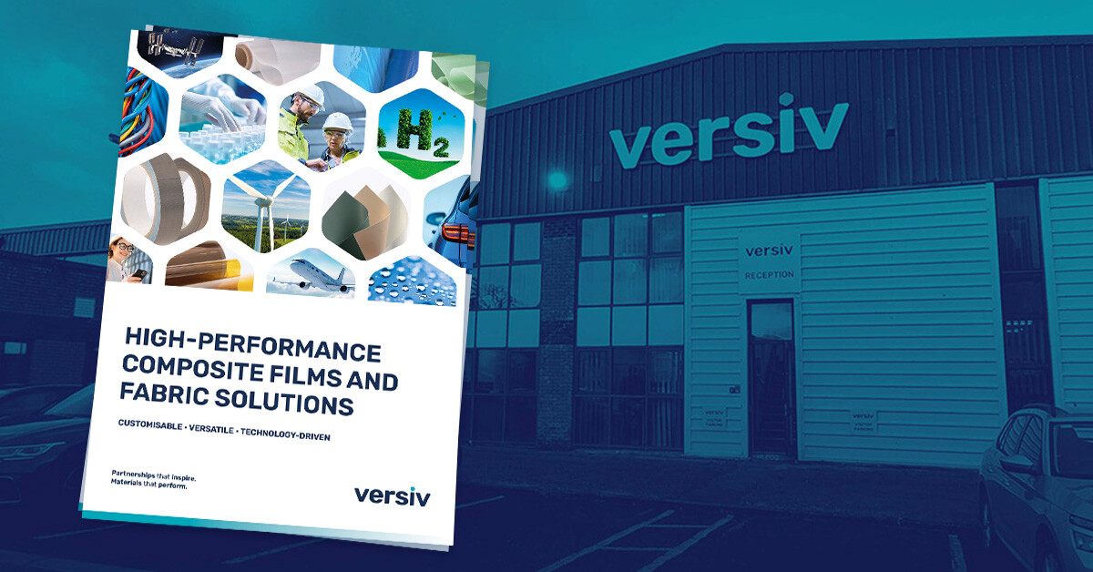 Versiv brochure in front of Versiv factory in duotone background