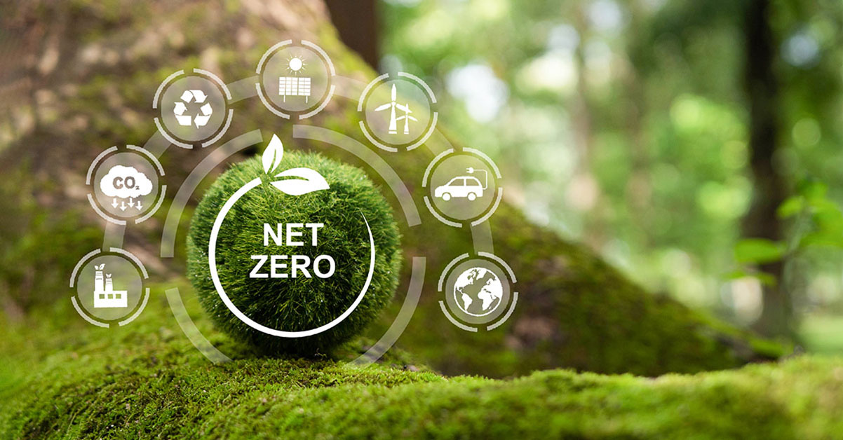 Artistic rendering of Net-zero logo in front of greenery background