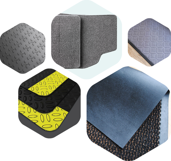 Collage showing: antifatigue mats; car mats; walk off mats.