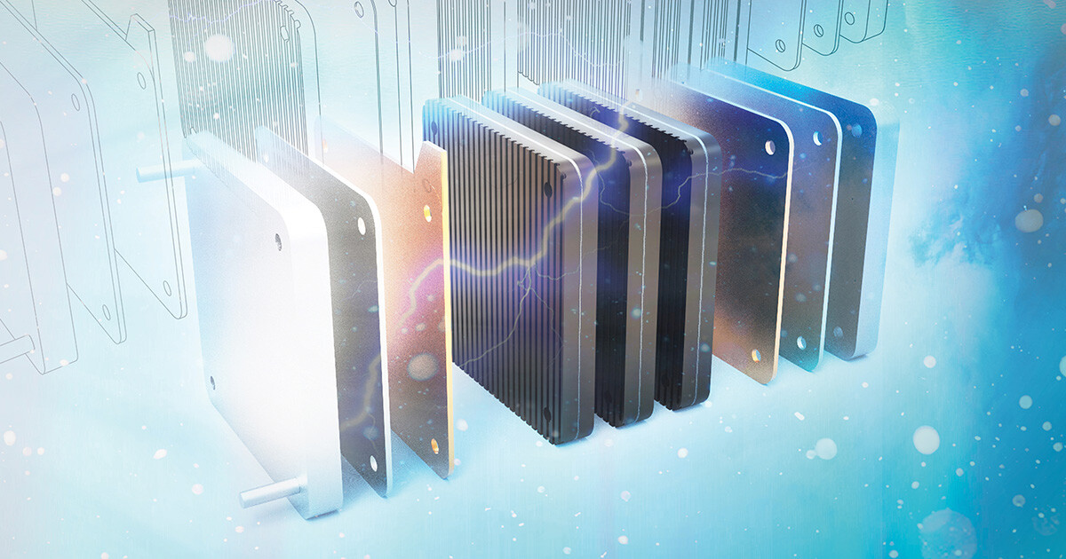 Stacking materials inside a hydrogen fuel cell.