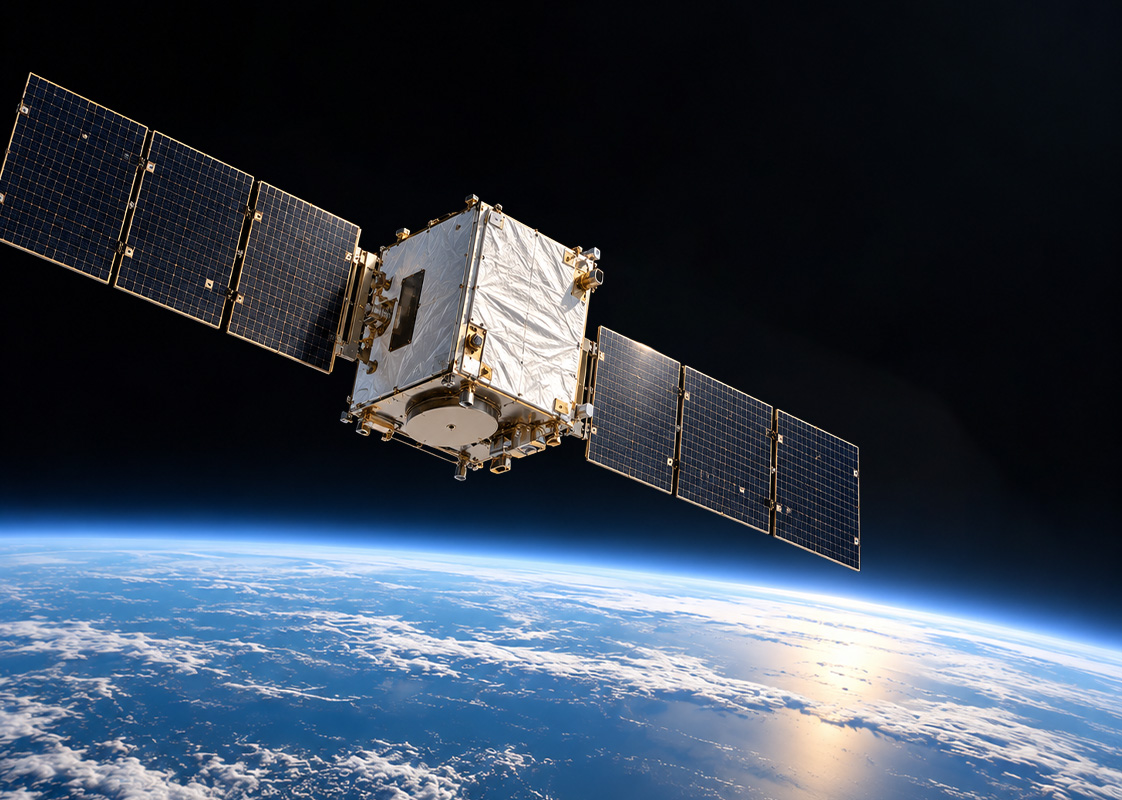 Digital rendering of satellite in low earth orbit